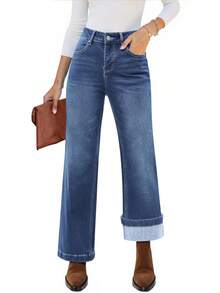 Flare Jeans For Women Thin Fleece Lined High Waisted Wide Leg  Fall Stretchy Denim Pants Trouser Jeanshalloween - 靛藍天藍色 - 查看 4