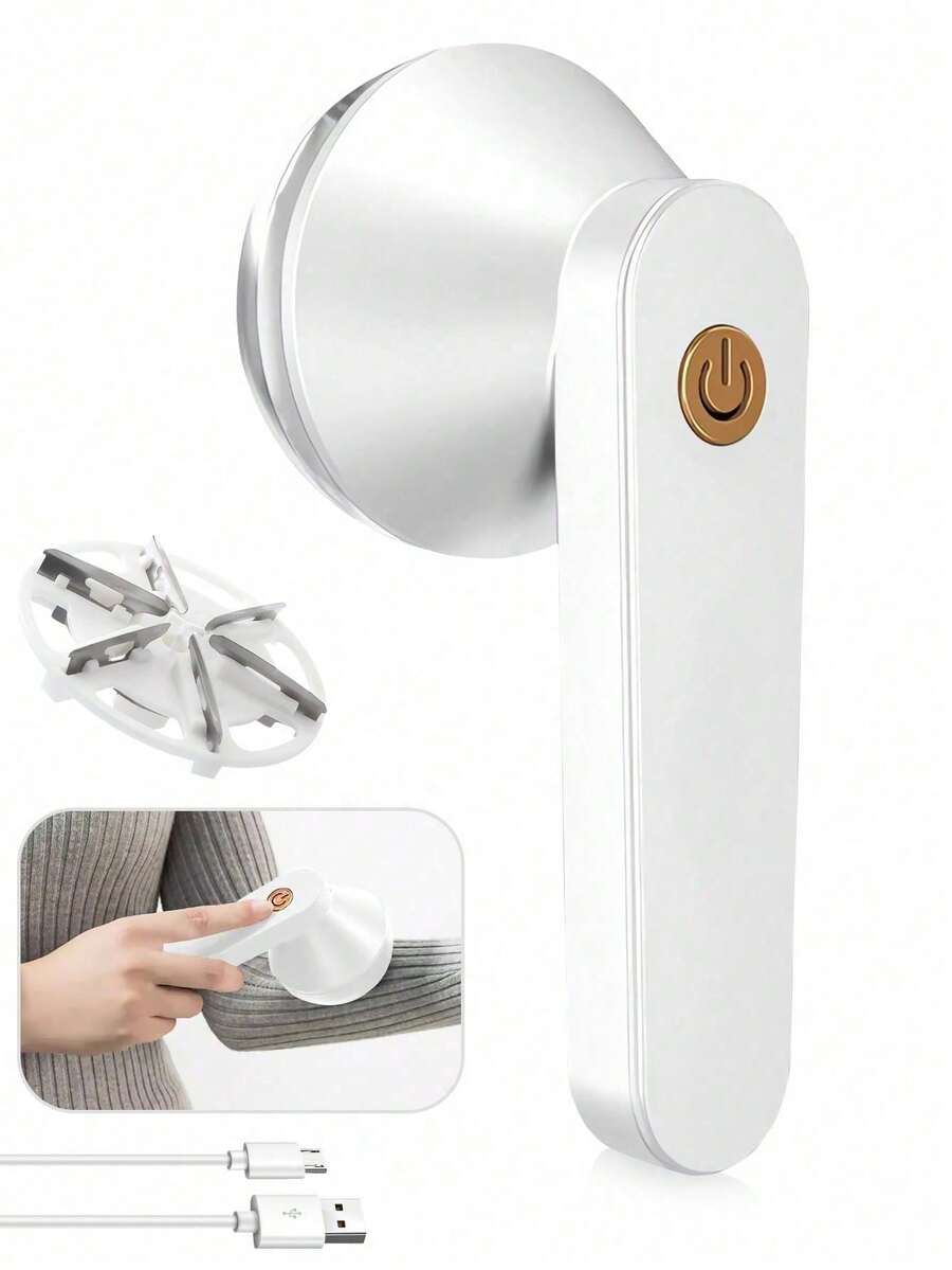 便攜式 USB 電動除毛器，配備六刀片蜂巢保護蓋，適用於居家除毛、毛衣除毛、毛球去除、衣物護理，適合寵物飼主使用