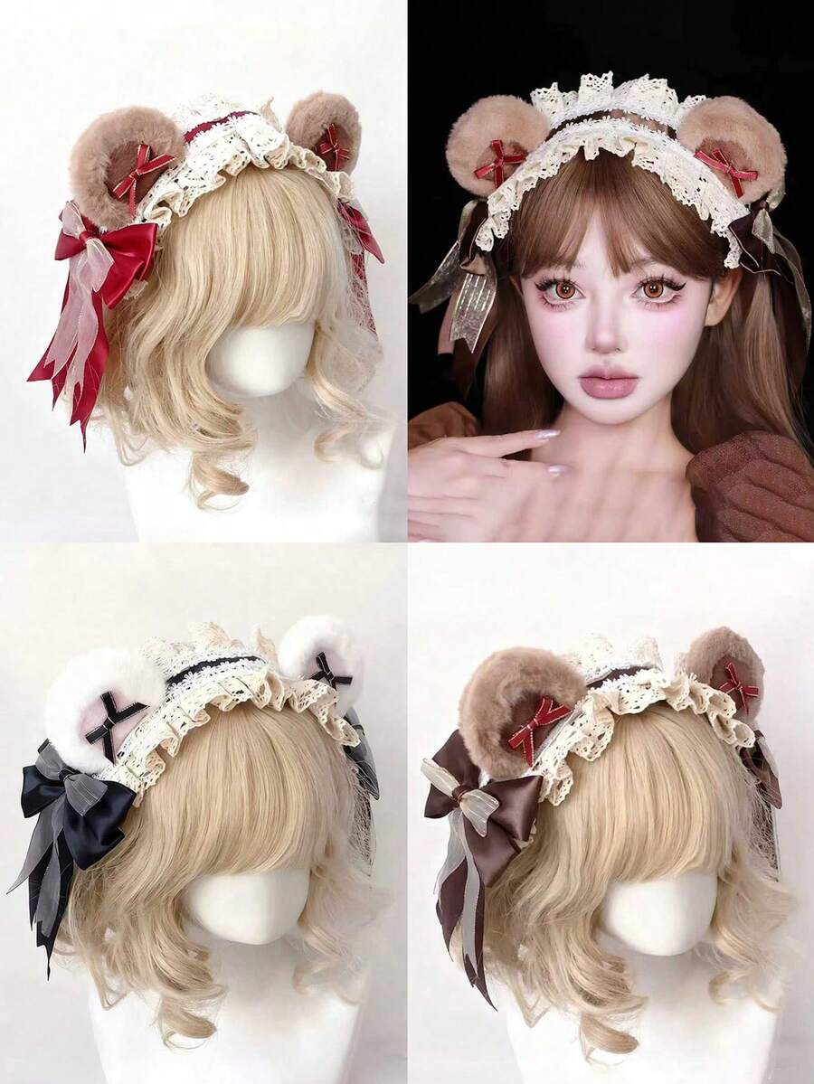 1 件女孩洛丽塔头带，可爱日式手工时尚配饰，角色扮演服装，彩色熊耳朵和蝴蝶结设计，适合秋冬季