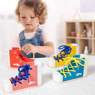Montessori Early Education Lacing Shoes Wooden Toy, Children's Lacing Shoes Life Game Toy For Kindergarten