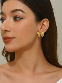 1 Pair Minimalist Sweet Fairy Style Bowknot Earrings – Delicate Stainless Steel Studs For Women, Perfect For Daily Wear, Music Festivals, Holidays, And Gift Giving - Vàng vàng - Xem 2