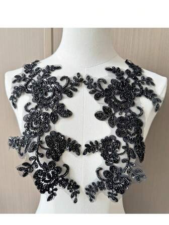 1 par 3D-pärlor med nitar, spets, blombroderi, klistermärken, bröllopsklänningar, brudklänningsdekorationer, gör-det-själv-lappar för kläder (svart)