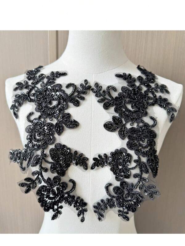 1 Pair Of 3D Studded Beads, Lace, Flower Embroidery, Stickers, Wedding Dresses, Bridal Dress Decorations, DIY Patch Clothing Accessories (Black)
