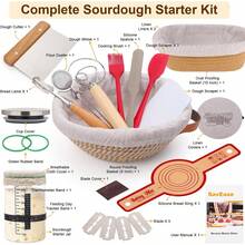 Suministros para hornear pan de masa madre, kit completo de iniciación de masa madre, cesta redonda de 9 pulgadas y ovalada de 10 pulgadas con tarro de iniciación de masa agria, herramientas - 1 - Ver 3