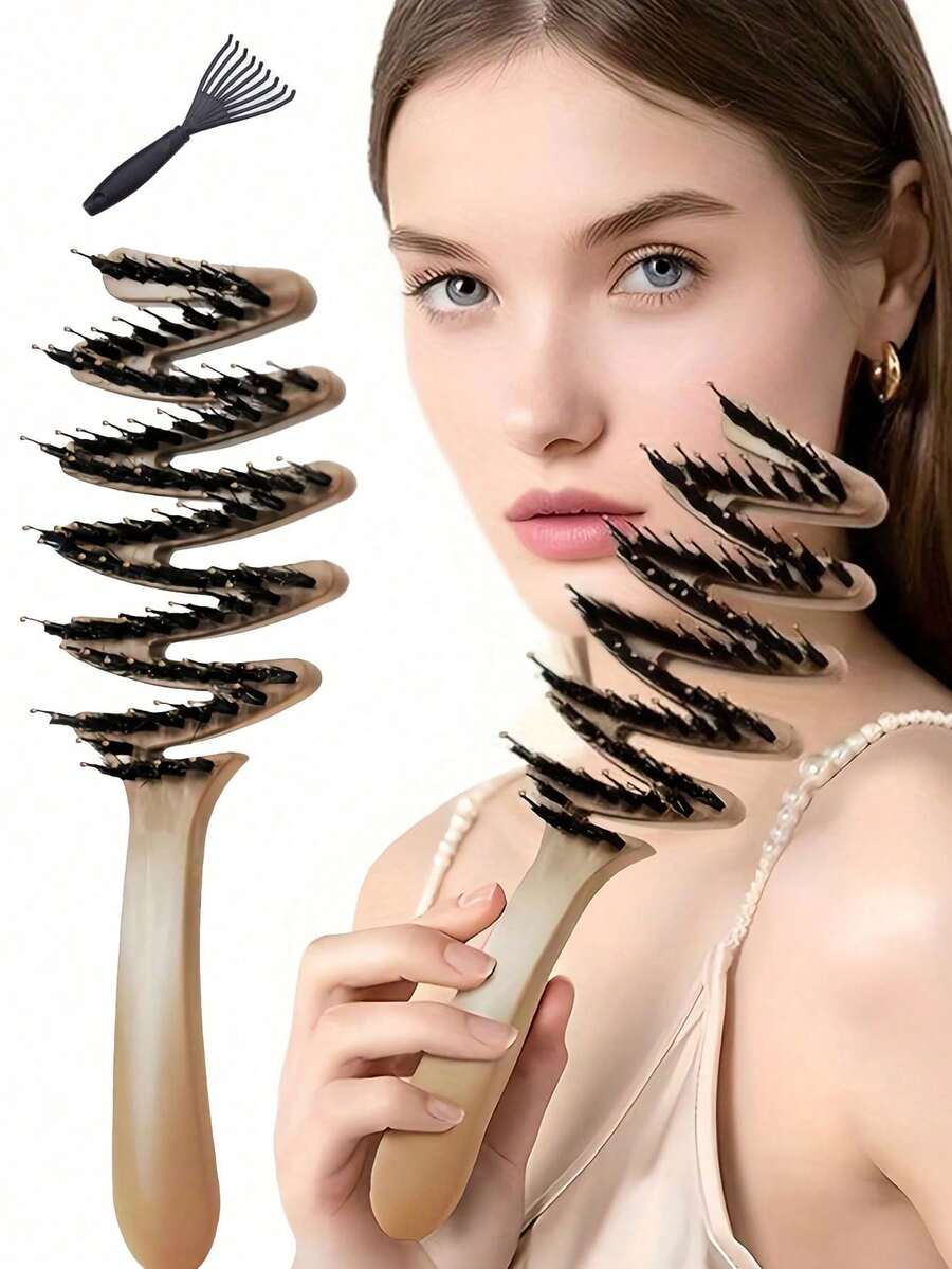 1/2 Pcs High Quality Boar Bristle Hair Brush, Long Handle Fluffy Hair Brush - Anti-Static, Creates Soft & Voluminous Hair, Durable ABS Handle, Suitable For Thick, Curly, Fine, Short & Long Hair, Dry & Wet Use, Unisex, Essential Hair Care & Travel Accessory - Multicolor - View 1