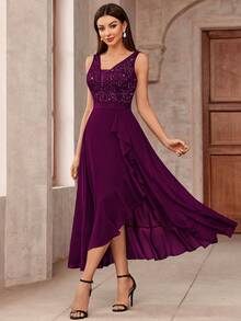 MIUSOL 深V领蕾丝亮片荷叶边高低摆雪纺正式派对长裙，适合婚礼宾客、毕业典礼、春季晚宴等场合。 - 紫紅色 - 查看 7