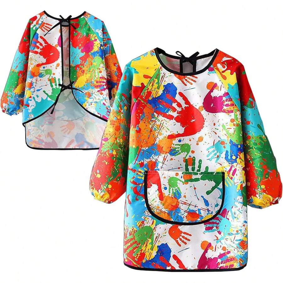 Delantales para Niños, Mandiles para Niños, Delantal de Pintura Impermeable Con Bolsillos Mangas Largas Antimanchas Con Correas Ajustables, para Niños de 3 a 16 Años Para Pintar y Cocinar - Grande - Ver 1