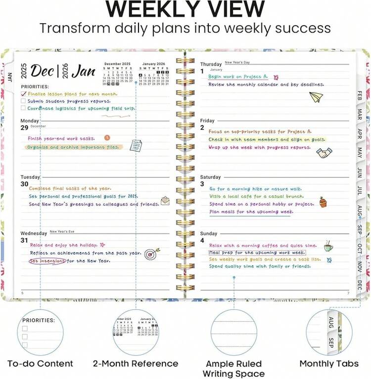 2026 Planner, Weekly And Monthly Calendar Planner Book, January 2026 - December 2026, Hardcover Planner With Monthly Tabs, Notes Pages, Women & Men, A5 (6.4 X 8.5) - Gold - X.Ditsy - View 4