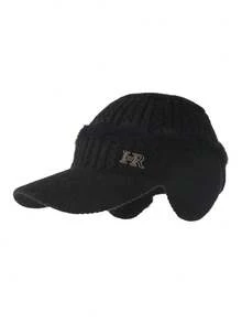 1pc Women's Solid Color Knitted Beanie Hat With Letter Design, Thermal Lined, Suitable For Outdoor Activities, Casual Wear