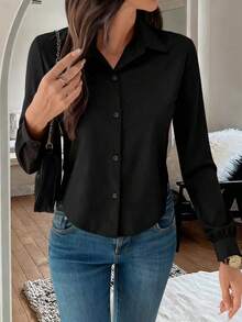 EARO Chic Women's Black Satin Shirt, Collared Long Sleeve Button-Up Curved Hem Fitted Blouse, Suitable For Commute, Date, Work, Casual Occasions - Black - View 2