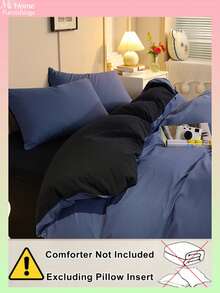 3件套海军蓝和黑色床上用品套装，1个羽绒被套和2个枕套，柔软舒适的家纺，柔软亲肤，多种颜色可选，适合男女宿舍，简约时尚的家居装饰，柔软舒适的卧室床上用品，时尚套装，可机洗，无填充物 - 藍色 - 查看 4