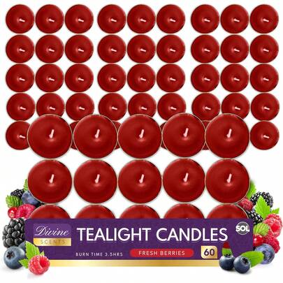  SOL 60pk Tea Light Candles Fresh Berries – 3.5 Hour Burn Time, Scented Tea Lights, Long-Lasting And Ideal For Home, Relaxation, Romantic Dinners, Weddings, Festive Decor, Cosy Evenings
