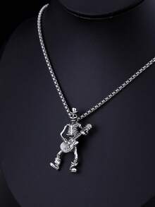 1 件时尚吉他骷髅吊坠项链，男士吊坠项链，适合作为万圣节礼物送给自己，适合参加派对和聚会 - 復古銀色 - 查看 3