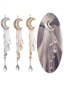 Romantic Rhinestone Crescent Star Jewelry Hair Clip, Crystal Bead Streaming Su Hair Clip Chain Hair Clip, Suitable For Female Brides Jewelry Hair Accessories 1 Piece, Headpiece, Head Chain