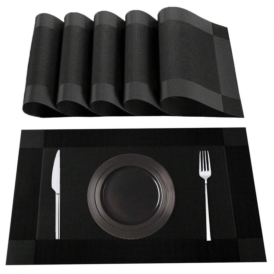 SERAPHINEX Washable Placemats, Set Of 6, High-Quality PVC And Polyester Material, Non-Slip And Heat-Resistant, Suitable For Kitchen Tables, Simple Design, Durable And Easy To Clean - Black - View 1