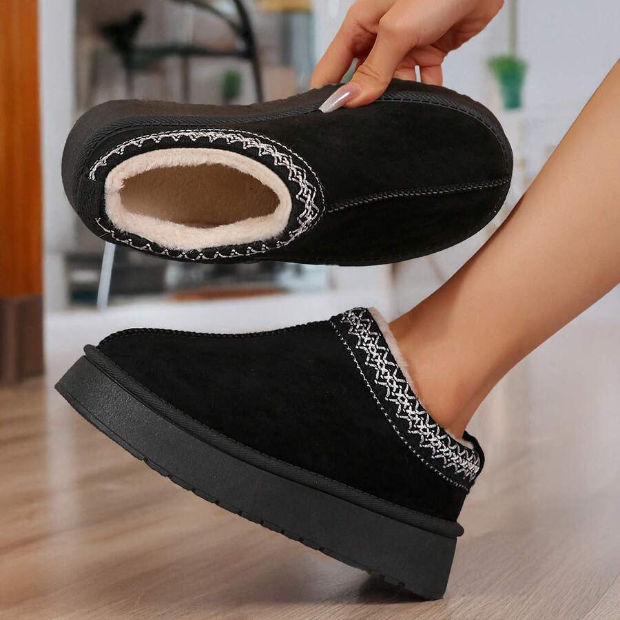Winter Indoor Shoes Padded Cotton Fluffy Fuzzy Snow Boots With Thick Bottom Warm House Bedroom Slippers Boots For Women - 黑色 - 查看 1