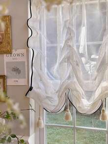 1 件法式复古风格奶油色薄纱窗帘，日式升降系带厨房隔断帘，装饰性半帘 - 彩色 - 查看 7