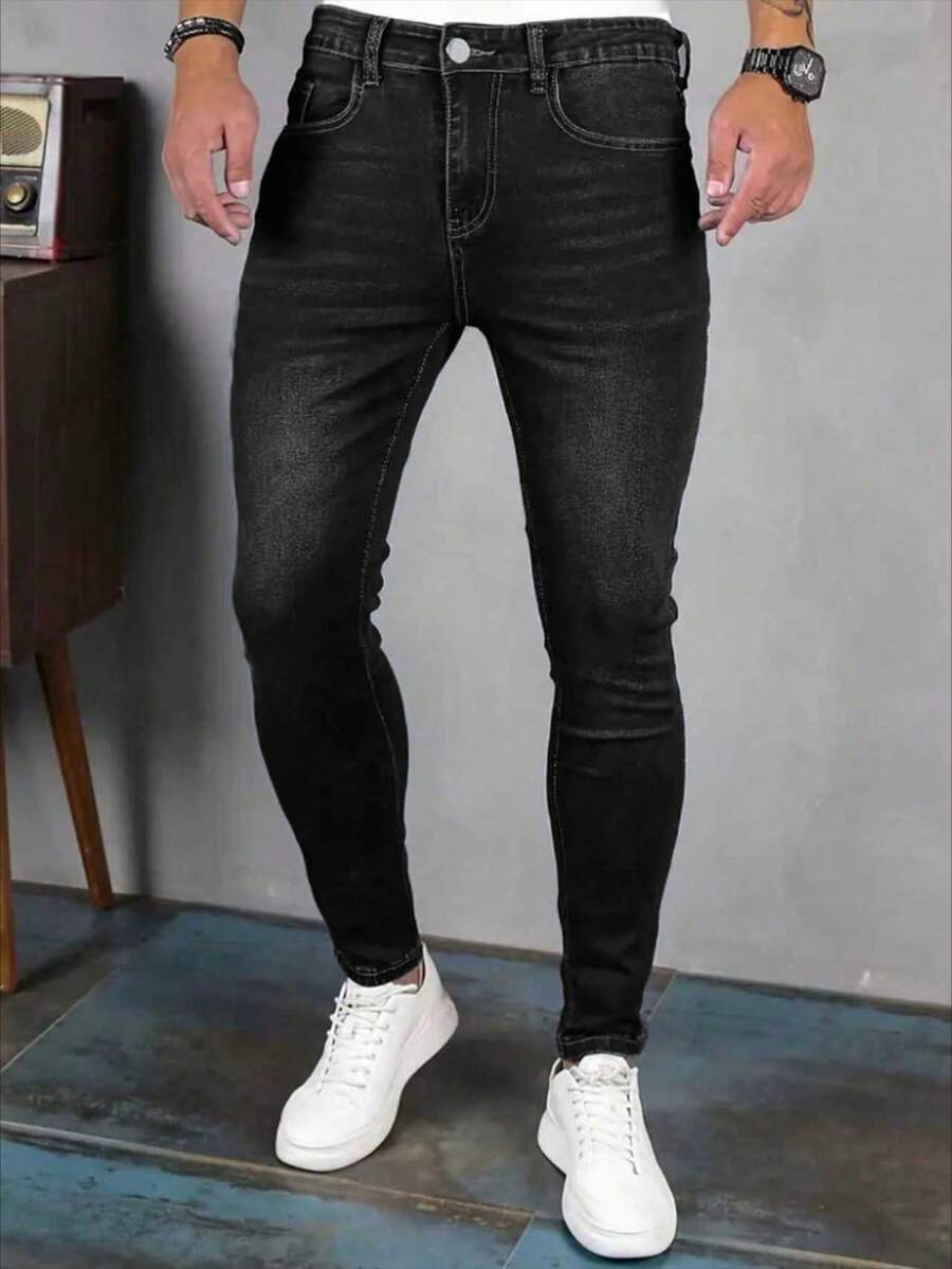 1 pieza Jeans de mezclilla azul con bolsillo con cremallera y ajuste delgado y elástico para hombre - Negro - Ver 1