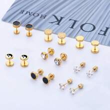 Stainless Steel Stud Earrings For Men Hypoallergenic Earring Flatback Black Earring Set Screw Back Studs Inlaid Cubic Zirconia Stud Earrings For Women Men - C-精緻金 - 查看 3