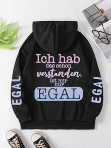 Plus Size Women's College German Text "Ich Hab Das Schon Verstanden. Ist Mir Nur EGAL" And Text "EGAL"Pattern Sweatshirt Hooded Long Sleeves Casual Spring/Summer/Fall Women's Plus-Size Long-Sleeved Sweatshirt Christmas Going Out Tops Women, Vacation Women - Black - View 6