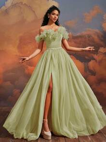 VIPGIRL Elegant Mesh Formal Long Evening Gown - Lime Green - View 8