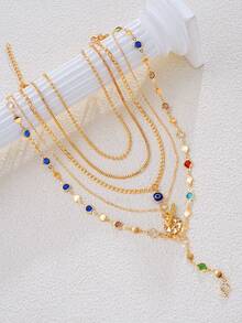 2pcs/1set Fashionable Vintage Elegant Devil's Eye Y-Shaped Long Necklace Set For Women, Inlaid Colorful Faux Gemstone, Suitable For Daily, Party, Vacation, Date, Holiday Gift