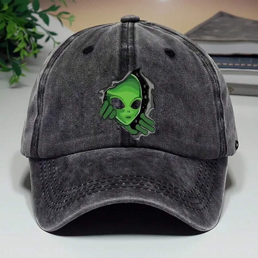Alien Theme Baseball Cap - Vintage Washed Cap, Distressed Sun Hat With Green Alien Pattern, Adjustable Fit, Ideal For Men And Women For Halloween And Outdoor Fashion, Halloween Headwear | Playful Pattern Hat - 灰色 - 查看 1