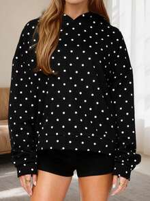 Women Casual Fall Hooded Sweatshirt With Front Pocket Dot Print Casual Long Sleeve Pullover Hoodies Outwear - 黑色 - 查看 2
