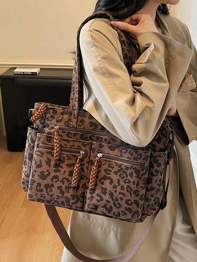 Autumn/Winter Fashion Leopard Print Brown Corduroy One Shoulder Tote Bag, Minimalist Lightweight Foldable Large Capacity Women's Cloth Bag, School/College Style, Multiple Zipper Pockets, Casual Versatile For Daily Use, Commuting, Shopping