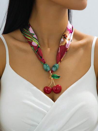1pc Fashionable & Elegant Colorful Red Floral Print Fabric Scarf With Large Cherry Pendant Necklace, Versatile Jewelry Gift For Women Suitable For Banquet, Wedding, Party, Daily Date And Outing, Great For Friends, Sisters, Lovers, Anniversary