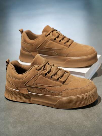 男士时尚棕色复古拼布系带低帮运动鞋，简约休闲通勤街头鞋