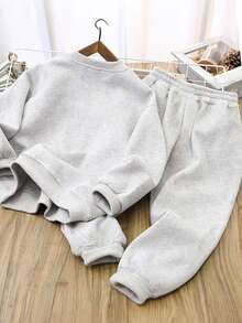 2pcs Set Boy Individuality - Element Sweatshirt Set, Soft Fabric, Spring & Autumn Streetwear & Sports Exercise Style - Grey - View 2