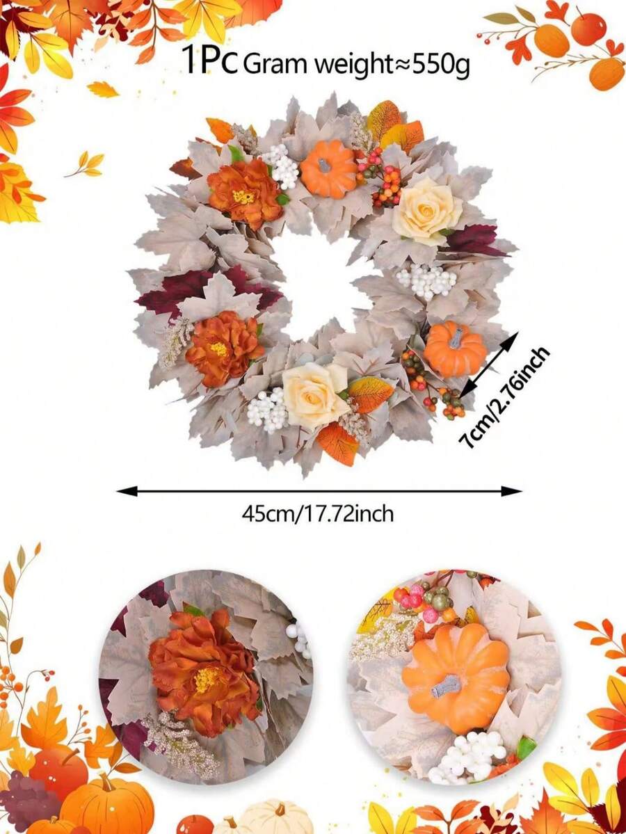 1pc Thanksgiving, Harvest Festival, Halloween, Christmas Decoration Wreath Autumn Pumpkin Maple Leaf Wreath Door Hanging Vine Ring Wreath, Artificial Wreath Party Halloween Christmas Birthday Wedding Ball Atmosphere Decoration, Suitable For Hotels, Shopping Mall Pendant Wreath Stair Decoration, Furnace Wall, Wall Hanging Door Hanging Decoration, Home Decoration, Living Room Decoration, Halloween Decor