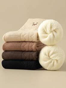 1/5 双女式卡通熊菱形图案保暖内衬舒适休闲中筒袜 - 彩色 - 查看 5