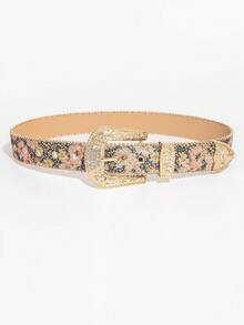 1 条装复古宫廷风格金色金属雕花扣闪光花卉印花 PU 皮带，多色可选 - 宮廷風閃粉花朵版畫 - 查看 3