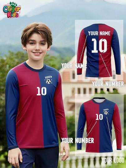 1 Stück CKids' Personalisiertes Barcelona Langarm Sport Trikot - Individueller Name & Nummer Druck (Vorder-/Rückseite) - Rot & Blau Farbdesign - Schnelltrocknender atmungsaktiver Stoff - Ideal für Fußball, Volleyball, Basketball, Lässig Nutzung, Halloween, Thanksgiving, Weihnachten und Neujahr Geschenke