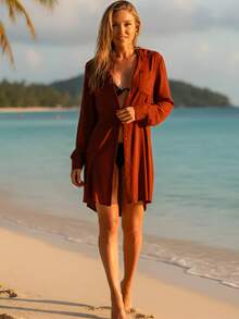 Beach Cover-Up Long Sleeve With Pocket Button Closure Beachwear Chemise Casual Sexy Boho Vacation Beachwear Beach Holiday Vacation Bachelorette Party Travel Spring-Summer - Terracota - 查看 2
