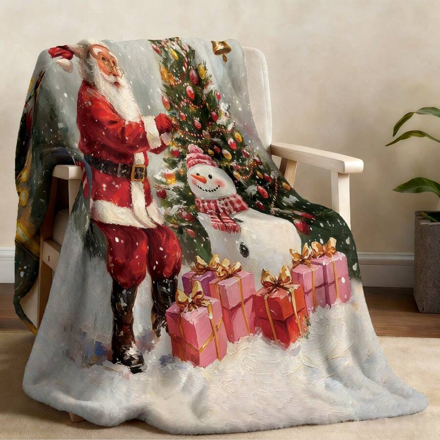 1pc Christmas Santa Claus, Snowman, Reindeer Gift Box Fleece Blanket, Super Soft Flannel Suitable For Bedroom, Living Room, Sofa And Office, Great For Travel And Gifting, Christmas