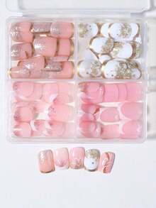 24pcs/Set Medium Square Shiny Colored French Manicure Nail Stickers, Containing Glter, Full Coverage Acrylic False Nails, Inclus 1pc Jelly Gel And 1pc Nail File, Suable For Women And S For Daily Work, Study And Garings - Nhiều màu 4 - Xem 2