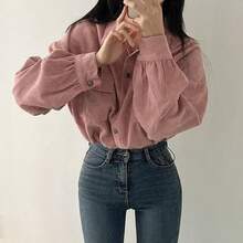 Jaket Pendek Lengan Lentera Kerah Lipat Saku Dada Bahan Korduroi Warna Pink Polos, Cocok untuk Acara Santai dan Pertemuan Natal di Musim Dingin - Berwarna merah muda - View 4