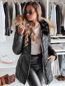 Jaqueta de inverno feminina acolchoada com capuz fixo e acabamento removível. Seu design clássico apresenta costuras decorativas e bolsos com zíper. É a peça de vestuário quente perfeita para o frio, oferecendo conforto e elegância para o dia a dia. - Preto - Ver 2