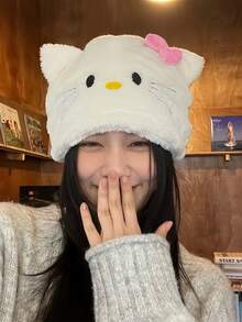SANRIO 1 pieza Gorro de peluche tejido con lazo de Hello Kitty lindo y de dibujos animados, con forro térmico grueso y protección para las orejas, adecuado para el invierno - Multicolor - Ver 2