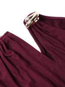 QIANZHIDU 极简主义纯色针织面料不对称/不规则扭纹荷叶边镂空长袖女式上衣,不对称领口金属装饰设计,透气亲肤褶皱面料荷叶边装饰腰部收紧/褶皱女式套头衫,适合夜间约会、度假、学校、度假村、办公室、日常、生日派对、约会、单身派对、旅行、茶会、机场装、秋冬汗衫 - 酒紅色 - 查看 7