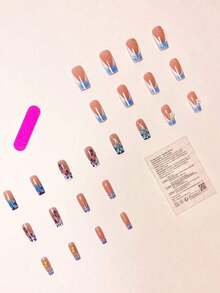 24pcs/Set Y2K Chic Style Sweet Blue Flower French Gradient Ripple 3D White Flower Delicate Gold Starfish Shell Decor Medium Length Press-On Nails, Suitable For Girls/Women For Daily Wear, Summer Beach, Autumn/Winter Nail Supplies - Nhiều màu 2 - Xem 3