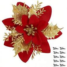 20pcs Glitter Poinsettia Artificial Christmas Flowers With Clips - Sparkling Blue & Pink Floral Garland Ornaments For Holiday Tree Decor, Wedding, And Party Decorations, Christmas Decorations - 10flower+10Clips - View 18