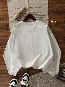 Petite 女士休闲圆领棉质长袖印花 T 恤，百搭秋冬装 - 淺花灰 - 查看 5