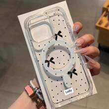 Funda magnética para phone 16, 15, 14, 13, 12 y 11 Pro. Diseño con un bonito lazo negro de lunares. Atractiva, fabricada en acrílico y compatible con carga inalámbrica. - transparente - Ver 7