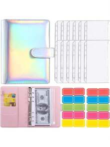 BestoU Organizador de Dinero Carpeta de Cuaderno A6 Organizador de Gastos Agenda de Ahorro Con 12 Sobres Transparentes para Dinero con Cremallera y 2 Etiqueta de Color Papelería de Utiles Oficina (Plata Láser) - 1 - Ver 8