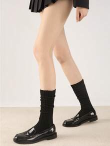 2 Pairs Women's Black & White Simple Slimming Calf Socks, Warm Long Socks Suitable For Daily Wear With Leather Shoes, Autumn/Winter, Cozy Socks