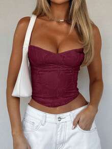 GLOpass 性感休闲提花系带露背蕾丝拼接吊带背心，适合夏季度假穿着 - 酒紅色 - 查看 7